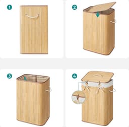 Bamboe wasmand, opvouwbare wasbak met deksel en uitneembare katoenen waszak, 72 L wasbox, waskist, 40 x 30 x 60 cm, beige LCB10Y — thumbnail 5