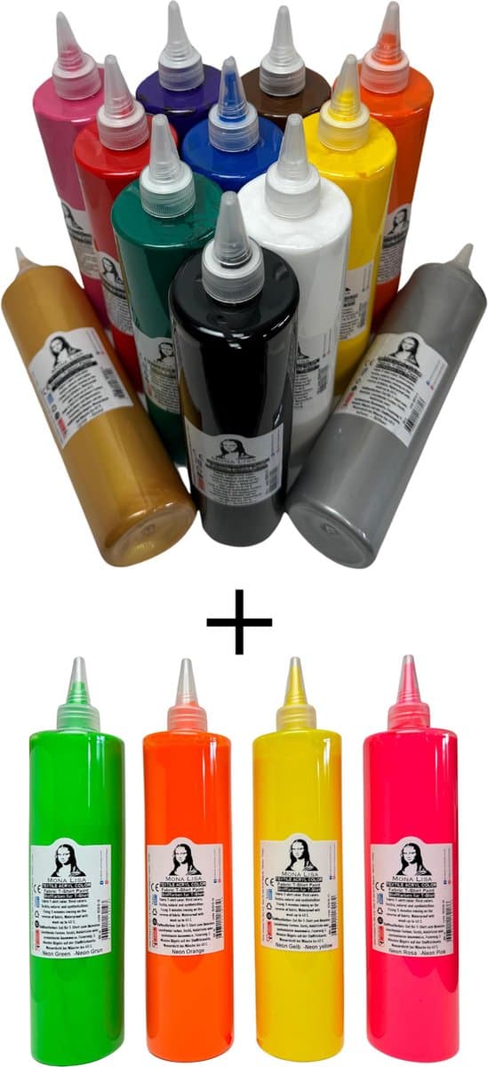 Südor Textielverf set 16 x 500 ml(10 normaal + 2 metallic + 4 neon). Wasbestendige textielverf voor lichte stoffen. Wasmachinebestendig, wasbestendig. Fixatie door strijken — afbeelding 1