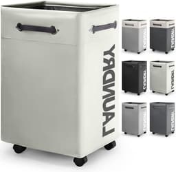 Grote Inklapbare Wasmand met Wieltjes 74L - Opvouwbare Dunne Wasmand met Handvat - Praktische Opbergbox voor Slaapkamers en Wasruimte - Gebroken Wit en O2 — thumbnail 2