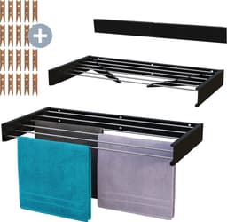 MiKas Wanddroogrek - Inklapbaar Droogrek - Wasrek - Hangend - Inclusief 20 wasknijpers - 100 cm - 6m drooglengte - Zwart — thumbnail 1
