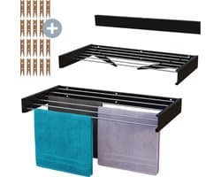 MiKas Wanddroogrek - Inklapbaar Droogrek - Wasrek - Hangend - Inclusief 20 wasknijpers - 100 cm - 6m drooglengte - Zwart — afbeelding 1