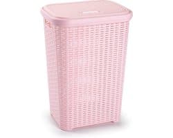 Plasticforte Wasmand met deksel - 60 liter - lichtroze - rotan - kunststof - L35 x B43 x H62 cm — afbeelding 1