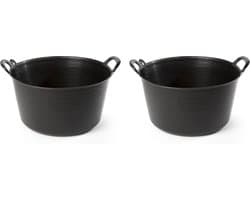 Plasticforte flexibele emmer / kuip - 2x stuks - zwart - kunststof - rond - 26 liter - 49 x 44 x 22 cm - wasmanden - tuinafval - speelgoed