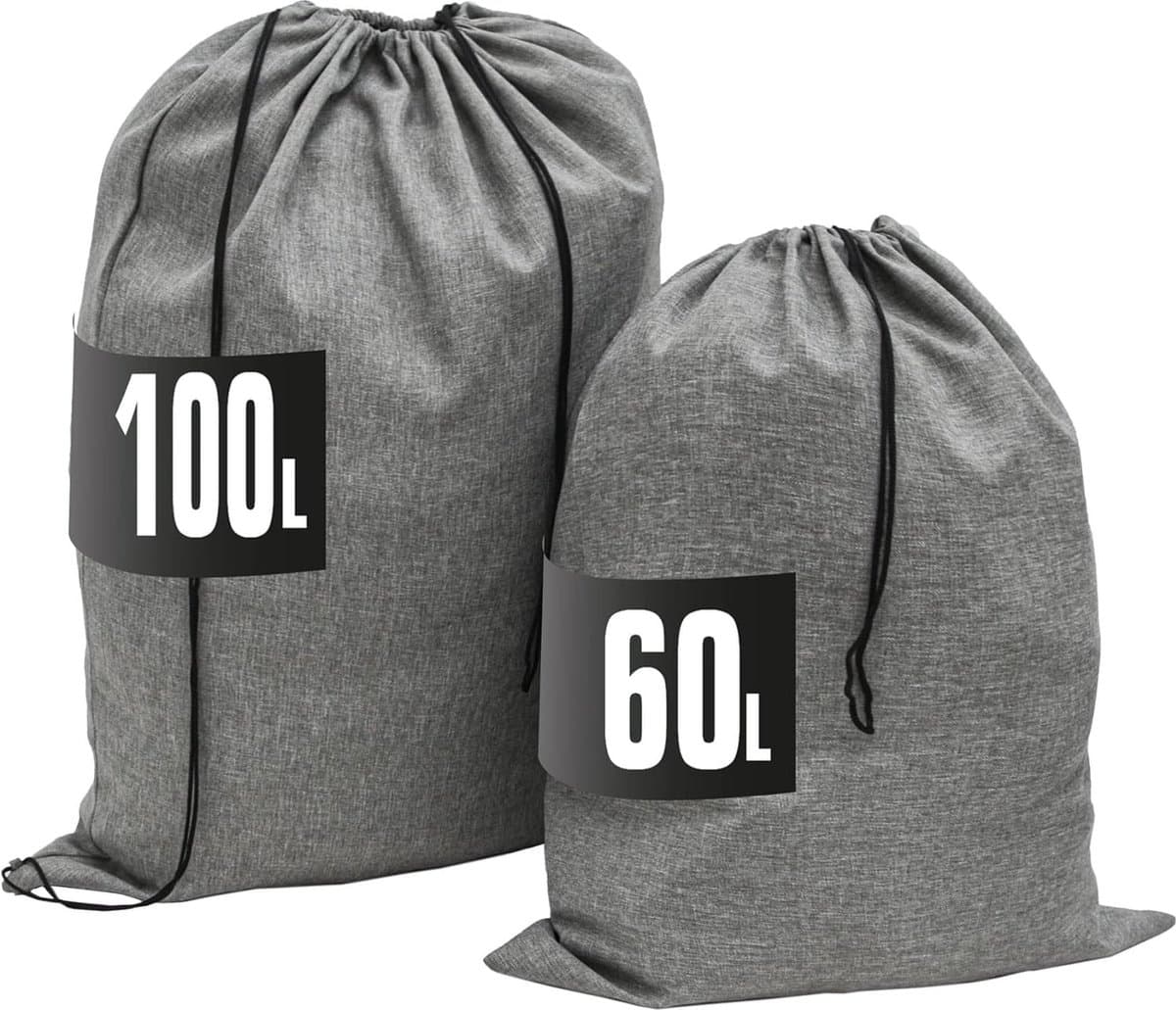 Linnen look: 100 l waszak groot XXL + 60 l wasverzamelaar reis - waszak voor vuile was, wasmand, organizer, waszak met trekkoord, waszak, koffer, waszak voor rugzak — afbeelding 1