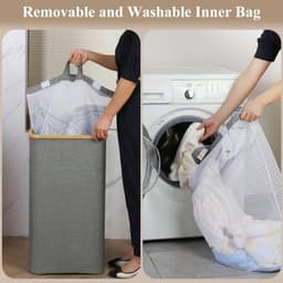 Extra grote 110 liter XL wasmand met deksel en handvat - hoge wasmand met binnenzak voor vuile kleding, speelgoed, handdoeken - grijs — thumbnail 5
