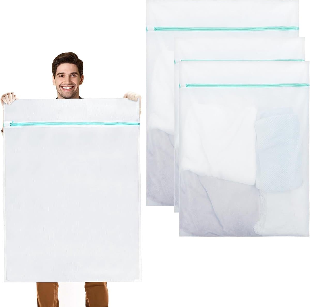 Pack van 3 grote wasnetten, 60 x 80 cm / 90 x 110 cm, waszak, waszak voor wasmachine, wasnet met ritssluiting voor delicate was, beddengoed, gordijnen, fleecedeken, ondergoed — afbeelding 1