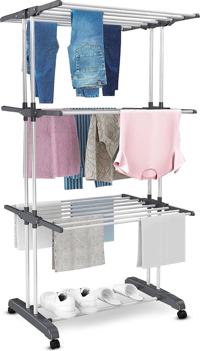 Vonia Droogtoren - Droogrek - Wasrek - Wastoren - 3 Lagen - Inklapbaar - 72x50x172 cm - Grijs — afbeelding 1