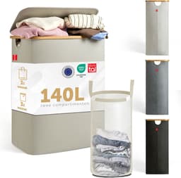 Blumtal Wasmand 140L - Wasmand met 2 uitneembare waszakkken - Wasmand met 2 vakken - Smalle wasmand - Flesverzamelaar - Wasmand met deksel - Beige — thumbnail 1
