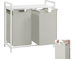 Wasmand 2 vakken, Wassorteerder, Uitschuifbaar, Wasmand met plank, Wasbox, Waszak van oxford stof uitneembaar, Metalen frame, 2 x 46 L, 73 x 33 x 72 cm