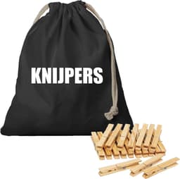 Canvas knijperzak/ opbergzakje knijpers zwart met koord 25 x 30 cm en 120 houten wasknijpers - Knijperzak met knijpers — thumbnail 1