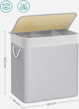 150L wasmand, wasbox met deksel, wassorteerder, van bamboe, met handgrepen, 3 vakken, opvouwbaar, katoen, waszak in de machine wasbaar, wasruimte, grijs LCB091G01 — thumbnail 2