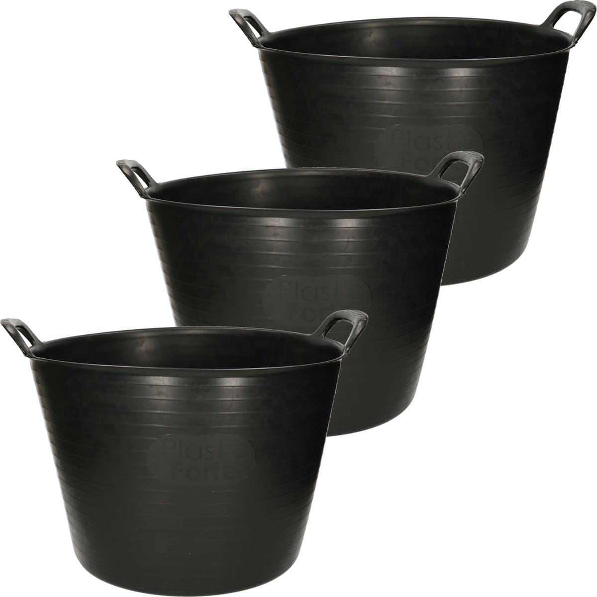 Plasticforte Flexibele kuip emmer - 3x stuks - wasmand - rond - zwart - 42 liter - Opbergmanden — afbeelding 1