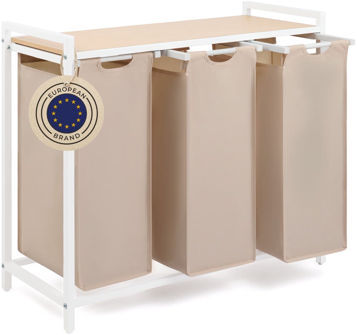 Blumtal Wasmand met 3 vakken - Wasmand met bamboe plank - Metalen frame - Wasmand met poten - Wit en creme — afbeelding 1