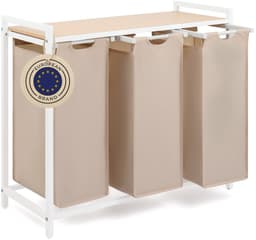 Blumtal Wasmand met 3 vakken - Wasmand met bamboe plank - Metalen frame - Wasmand met poten - Wit en creme — thumbnail 1