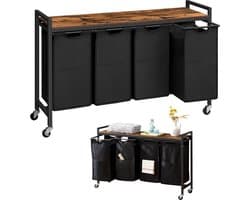 Luxe Wassoorteerder – 4 Vakken – Wasmand – Op Wieltjes – Met Deksel – Basket op Wielen – Duurzame Stof – Stabiel Frame – Zwart