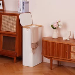 Smal Beige Wasmand met Deksel - 63 Liter - Opvouwbaar - Bamboegrepen — thumbnail 4