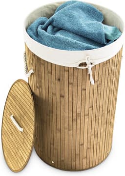wasmand bamboe - 70 l - opvouwbaar - met deksel en katoenen waszak - Ø 41 cm - natuur — thumbnail 1