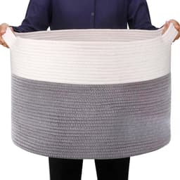 Wasmand XXL Extra grote katoenen touwmand 56 x 56 x 35 cm, super groot geweven wasmanden voor dekens, opbergmand met handgrepen voor kinderspeelgoed, planten, kussens, woonkamer, mand, mand (lichtgrijs) — thumbnail 1