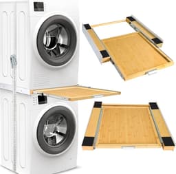 Verbindingsframe voor Wasmachine/Droger met Uittrekbaar Rek en Bamboe Plank - Tussenframe voor Wasdroger met Ratelsnoer - Verstelbare Breedte 47-60 cm — thumbnail 1