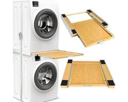 Verbindingsframe voor Wasmachine/Droger met Uittrekbaar Rek en Bamboe Plank - Tussenframe voor Wasdroger met Ratelsnoer - Verstelbare Breedte 47-60 cm