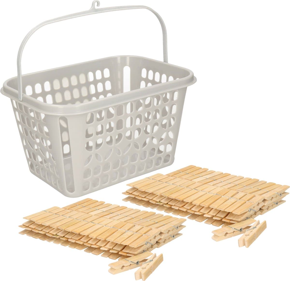 Wasknijpersmandje met ophanghaak - lichtgrijs - met 120x bamboo wasknijpers 7 cm - was ophangen — afbeelding 1