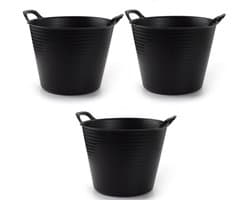 Plasticforte flexibele emmer/kuip - 3x - zwart - kunststof - rond - 25 liter - 42 x 38 x 33 cm - wasmanden - tuinafval - speelgoed