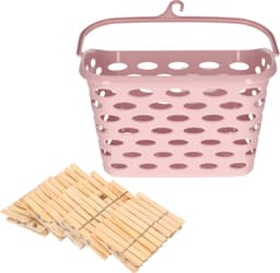 Wasknijpersmandje met haak - roze - en 100x houten wasknijpers 7 cm - was ophangen — thumbnail 1
