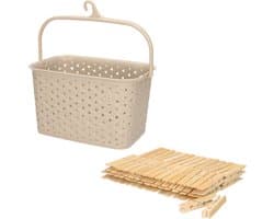 Wasknijpersmandje met ophanghaak - beige - en 60x houten wasknijpers 7 cm - was ophangen — afbeelding 1