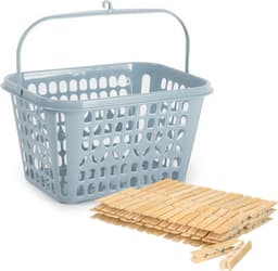 Wasknijpers ophangmandje met haak - ijsblauw - gevuld met 120x houten wasknijpers 7 cm - was ophangen — thumbnail 1