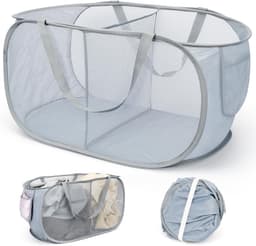 Opvouwbare Wasmand Met 2 Vakken – Inklapbaar En Stevig – Met Handig Opbergvakje – Ruimtebesparend – 58,4x36,1x36,1 Cm – Grijs — thumbnail 1