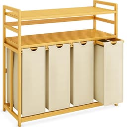 TIM® Wasmand 4 Vakken - Wassorteerder - Waszak - Bamboe Frame - Beige - 104cm x 42cm x 100cm — thumbnail 1