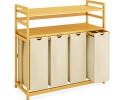 TIM® Wasmand 4 Vakken - Wassorteerder - Waszak - Bamboe Frame - Beige - 104cm x 42cm x 100cm