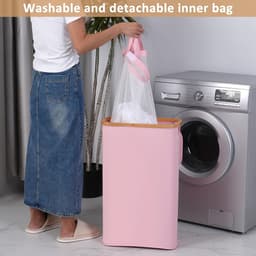 Wasmand van 60 l met deksel, smalle wasmand met afneembare en wasbare binnenzak, opvouwbare wasmand voor slaapkamer, wasruimte en badkamer (roze) — thumbnail 4