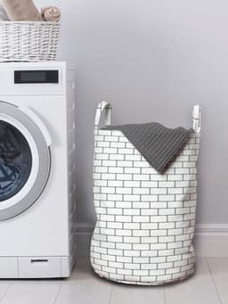 ABAKUHAUS bakstenen waszak, monotoon Wall Street patroon, wasmand met handvatten, trekkoord voor wasserettes, vaag grijs en wit — thumbnail 3
