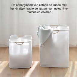 1 stuk - Wasmand - Katoen en linnen - Wasmand voor huishoudelijk gebruik - Handig - Opvouwbaar - Handzame opbergmand - Houten handvat - 40*30*60 cm - Gebroken wit — thumbnail 3