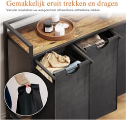 Wasmand op wielen, 95 liter, 2 compartimenten, uittrekbare wasmand met groot bovenblad, 2 uitneembare tassen en handvatten, wasmand met sorteerfunctie voor wasruimte, slaapkamer en badkamer, zwart — thumbnail 2
