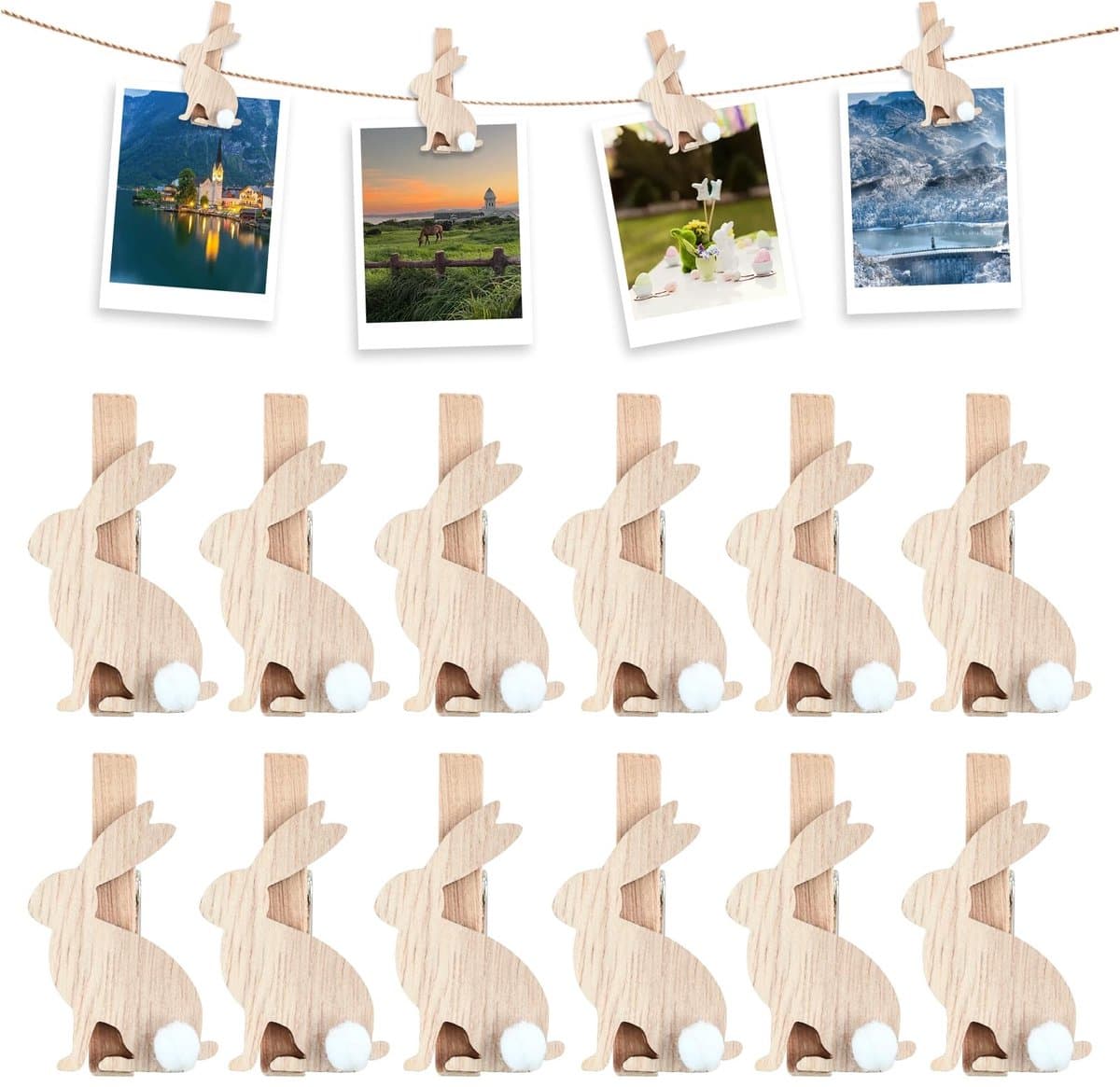 Dailygoods- Wasknijpers Hout 12 Stuks - Mini Wasknijpers - Decoratieve Paasklemmen - Houten Hazenclips - Robuuste Constructie - Perfect voor Woondecoratie - Decoratieve Clips — afbeelding 1