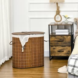 Bamboe Wasmand 100L met Deksel 62,5x37x60,5cm Bruin 2 Vakken Uitneembare Zakken Ventilatiegaten Handgrepen voor Badkamer Slaapkamer — thumbnail 3
