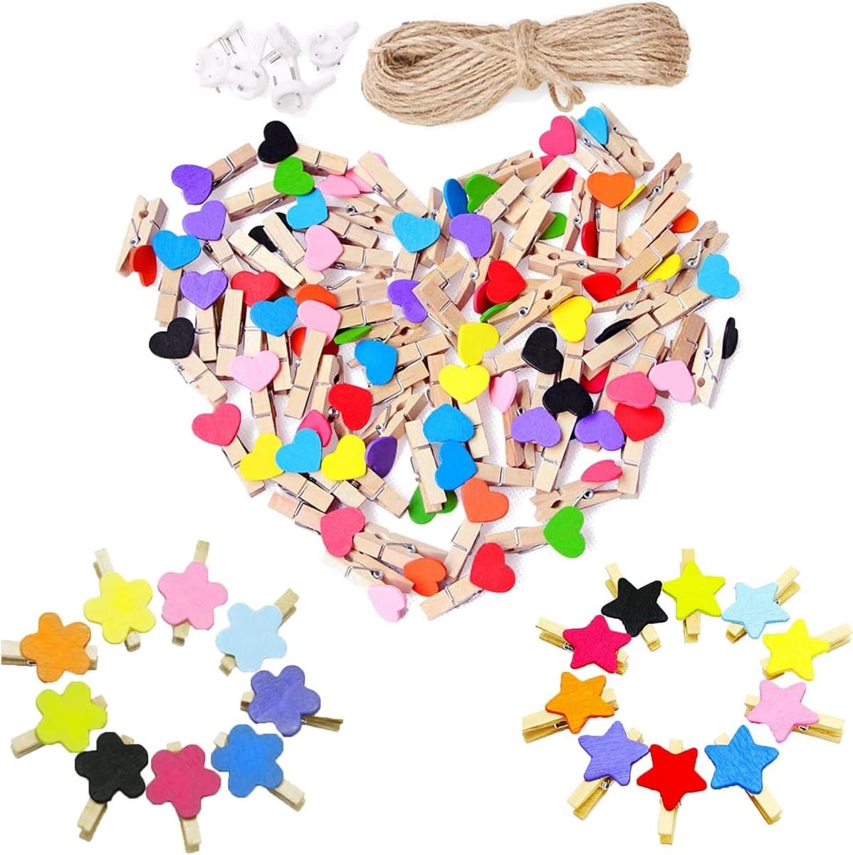 150 Stuks Mini Houten Haringen Hartvorm met Jute Touw en Geen Spoor Nagels voor Bruiloft en Feestdecoratie — afbeelding 1