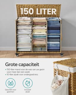 Lifero Wasmand - Verrijdbare Wasmand - Wasmand met Deksel - 160 Liter - Rotan Wasmand - 3 Vakken voor Verschillende kleuren — thumbnail 5