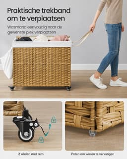 Lifero Wasmand - Verrijdbare Wasmand - Wasmand met Deksel - 160 Liter - Rotan Wasmand - 3 Vakken voor Verschillende kleuren — thumbnail 3