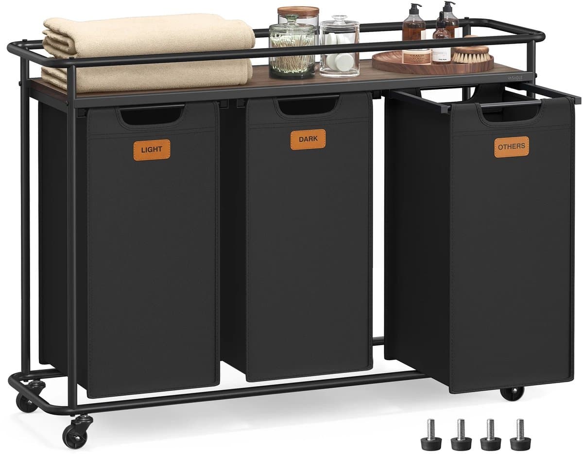 ITRONIQ Wasmand 3 delig - Wassorteerder met Wielen - Wasmand met Plank - Zwart - Was Sorteren - Met Frame — afbeelding 1