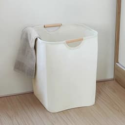 Wasmand - Opbergmand - Katoen-linnen - Opvouwbare Wasmand - Ruimtebesparend - Draagbaar - Voorzien van een houten handvat - Geschikt voor slaapkamers, hotels, badkamers, kleedkamers en wasruimtes - 27*40*56cm - Beige — thumbnail 3