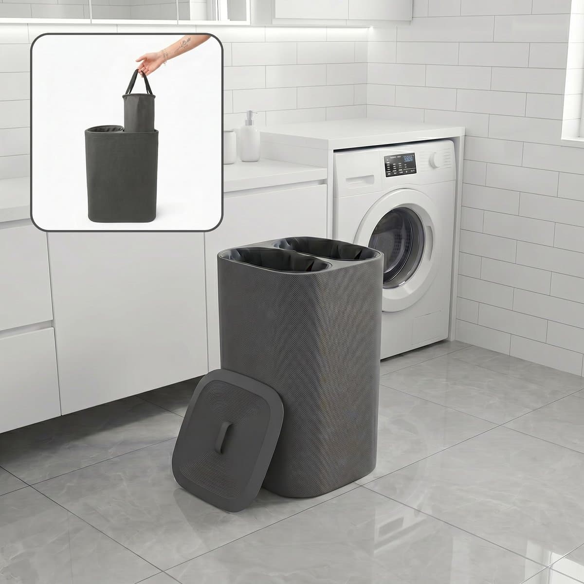 INDECOR Wasmand 90 Liter – Wassorteerder - Wasmand met Deksel - Wasmand 2 vakken - Opvouwbare Wasbox voor Badkamer– Antraciet — afbeelding 1