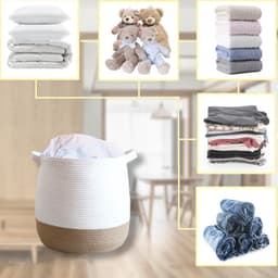 Dailygoody - Grote mand van katoenen touw - Opbergmand voor speelgoed - Natuurlijk materiaal - Bruin linnen en wit - Ruime capaciteit - Veilig voor ki — thumbnail 4