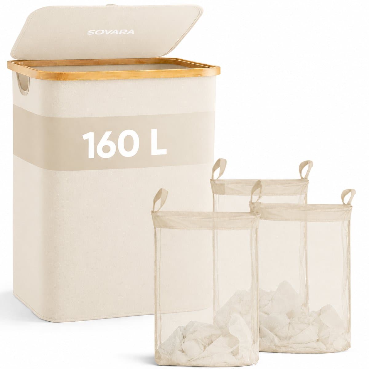 SOVARA- Wasmand 3 vakken - 160L - Beige - Bamboe wassorteerder - 3 uitneembare waszakken — afbeelding 1
