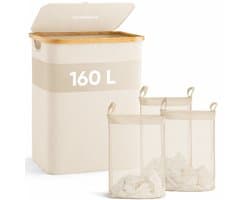 SOVARA Wasmand 3 vakken - 160L - Beige - Bamboe wassorteerder - 3 uitneembare waszakken