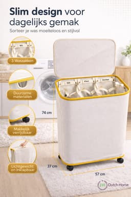 DutchHome Wasmand 3 Vakken 160L met Wielen en Deksel - Wassorteerder Beige — thumbnail 2