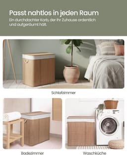 Grote Wasmand van Bamboe met Drie Vakken en Uitneembare Witte Binnenkant — thumbnail 5