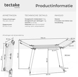 tectake® Droogrek - Wasrek - 18 Meter Drooglengte - Inklapbaar - Staand - Droogrekken met 2 Houders voor Kleine Was - Hoge Zijvleugels voor Lange Kleding - Wit — thumbnail 4